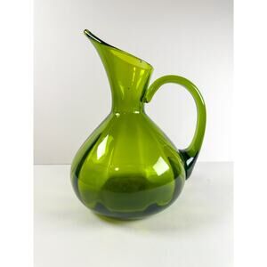 Rainbow Art Glass Pitcher Olive Green 1960s MCM Handblown Decanter Vase